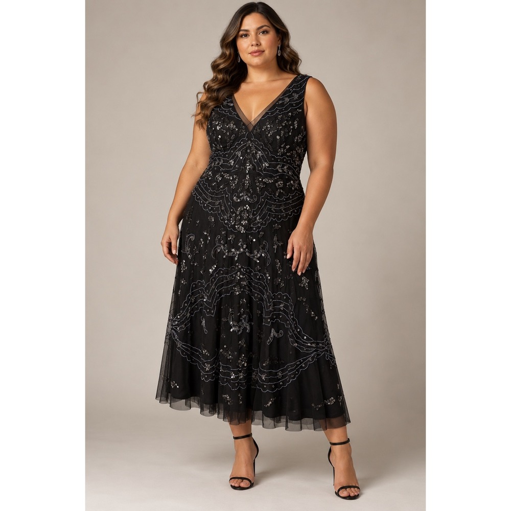 Adrianna Papell Black Beaded Formal Party Gown, Plus 18